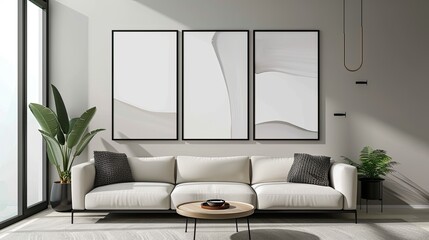 empty mockup posters frame wall in modern interior living room background Frame mockup Living room wall poster mockup. Interior mockup with house background. Modern interior design.