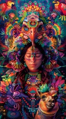 Vibrant Andean Poster Featuring Traditional Attire Mythical Condor and Alpaca