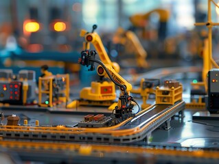 Fototapeta premium 164 scale miniature factory floor with conveyor belts, robotic arms, and detailed workstations, Miniature, Lifelike representation of an automated factory environment