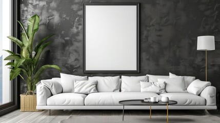 empty mockup posters frame wall in modern interior living room background Frame mockup Living room wall poster mockup. Interior mockup with house background. Modern interior design.