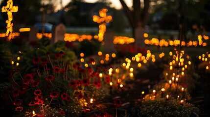 Beauty-lit Memorial Day decorations creating an atmosphere of reverence and remembrance.