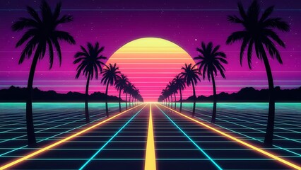 80s synthwave with neon lights, palm trees, grid-lined road, glowing horizon, retro sun, starry sky


