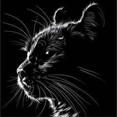 A black and white drawing of a cat 's face