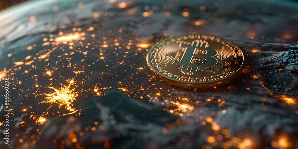 Aufkleber visualizing earth in 3d with a focus on bitcoin cryptocurrency terminology in global technology. con