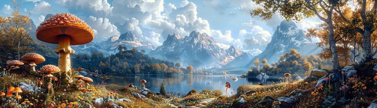 Giant s Playground A landscape with oversized objects and terrain, like giant mushrooms and flowers
