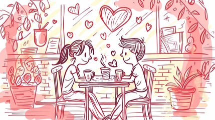 A greeting card with a cartoon-style illustration with a figurine of a couple in love in a cafe with hearts. The concept of congratulations on the wedding, Valentine's Day, happy birthday