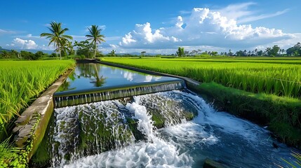 Water flows in a rice paddy field with a water dam and sky background in bright daylight.
