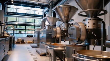 Fototapeta premium Modern coffee roasting factory, eco-friendly, immaculate, sustainable practices, high-tech equipment, energy-efficient