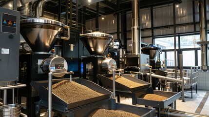 Modern coffee roasting plant, clean and environmentally conscious, advanced equipment, sustainable practices, industrial facility