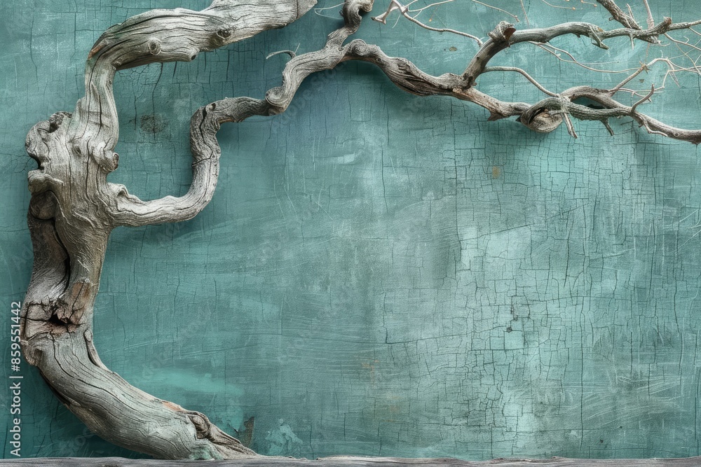 Poster a tree branch is on a wall with a blue background. the branch is old and has a weathered look to it.