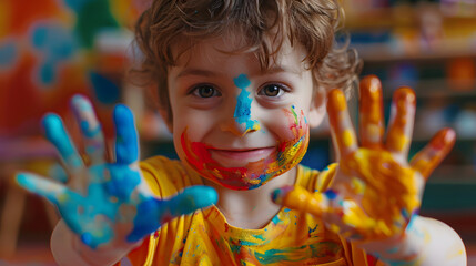 School kid doing art homework. Arts and crafts for kids. Paint on children hands. Creative little artist at work.