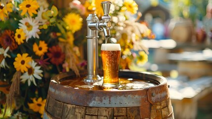 Refreshing beer being poured from a tap mounted on a barrel, surrounded by vibrant flowers in an outdoor setting.