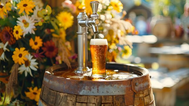 Refreshing beer being poured from a tap mounted on a barrel, surrounded by vibrant flowers in an outdoor setting.