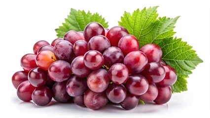 Fototapeta premium A Close-Up Image Of A Bunch Of Ripe Red Grapes With Green Leaves On A White Background.