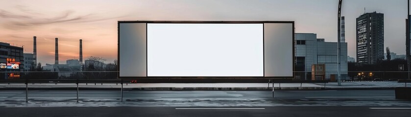 Obraz premium Blank billboard in an industrial area with factories and chimneys, 3D render, sunset, no light from frame, gritty, detailed shadows