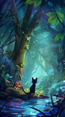 Fototapeta premium A black cat is sitting under the tree in an enchanted forest, in the style of cartoon, cute, magical atmosphere, fantasy background