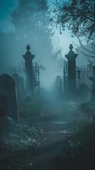 Eerie Cemetery Border with Ghostly Apparitions and Fog
