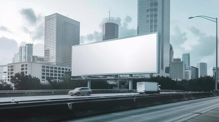 Blank billboard on a freeway in Houston, with the city skyline, 3D render, no light from frame, modern, realistic