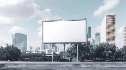 Blank billboard on a freeway in Houston, with the city skyline, 3D render, no light from frame, modern, realistic