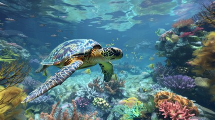 Obraz premium A turtle swimming in a coral reef with fish swimming around it