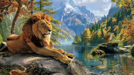 A lion is laying on a rock by a lake