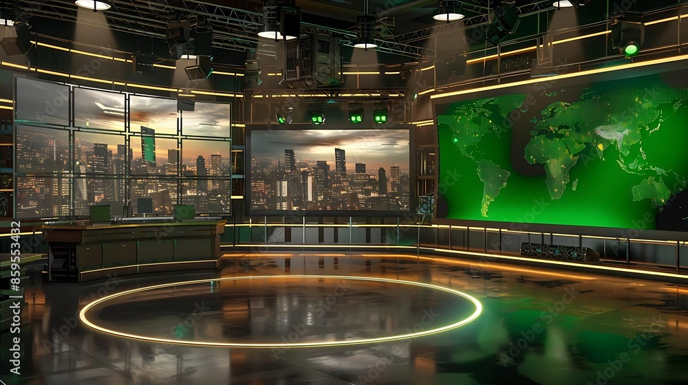Poster a virtual tv studio set with large green screen walls, massive screens displaying global maps or new