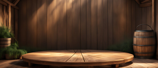 Farm wood nature field fruit table product grass garden background stand green food. Nature wood landscape morning farm outdoor sky podium forest stump beauty sun scene platform view beautiful trunk