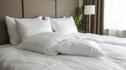 White bed linen and pillows in a hotel room background, closeup.