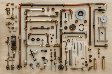 A flat lay of various pipes, clamps and plumbers tools on a light wooden background.