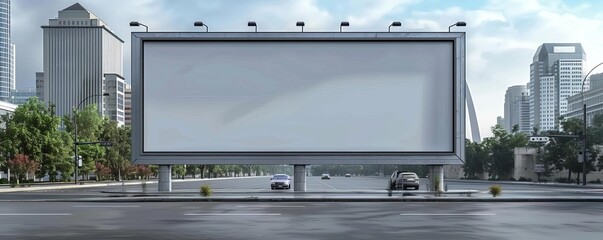 Empty billboard in a downtown St Louis area, with the Gateway Arch visible, 3D render, no light from frame, iconic, realistic