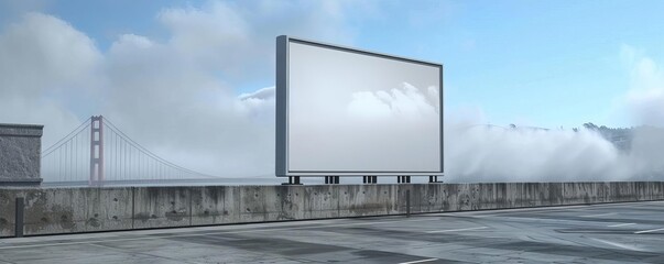 Fototapeta premium Empty billboard on a bridge in San Francisco, with the Golden Gate Bridge in the background, 3D render, foggy morning, no light from frame, iconic, detailed