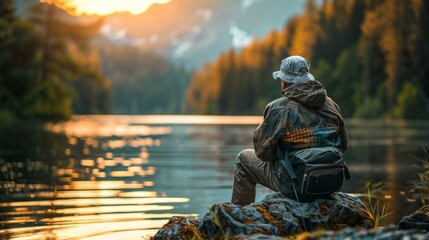 Man in late 50s sitting on rock by lake looking at sunset wearing camouflage jacket hat water in lake calm still sky orange trees enjoying peace quiet
