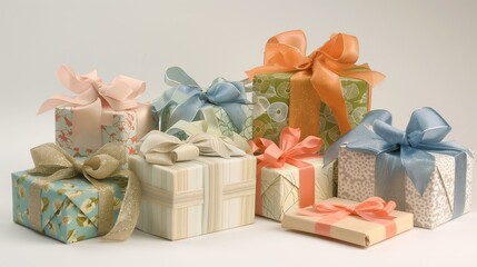 Obraz premium Different wrapped gift boxes with ribbons bows on white background gift giving, bow wedding holiday box