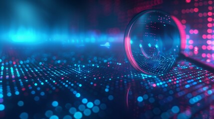 Search engine optimization data analysis using magnifying glass glowing blue pink binary code, information technology future