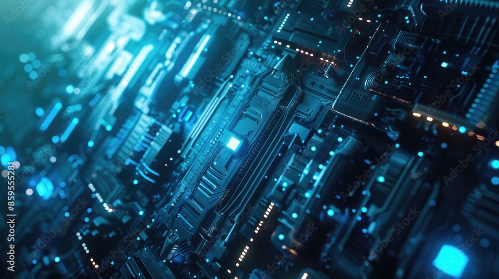 Poster the image is of a computer chip with blue lights. it is a close-up of the chip, and the surface is c