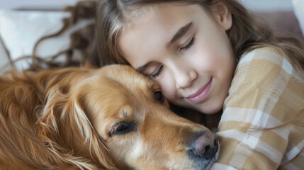 A girl is hugging a dog