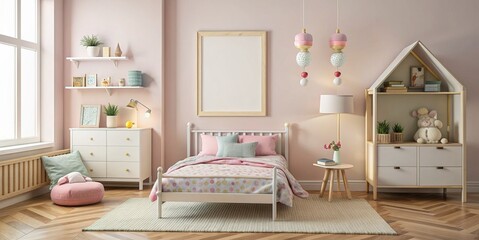 Minimalist Girl's Bedroom with Pastel Decor and Empty Poster Frame