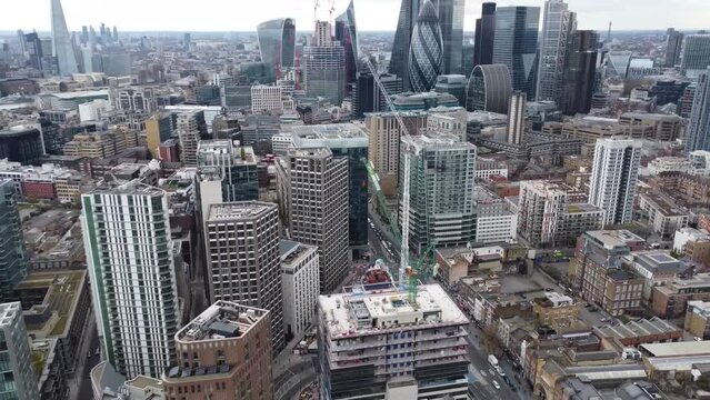 Panning City skyline Islington London UK drone aerial view