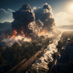 Fototapeta premium Volcano eruption in the city, big explosion with fire in urban area