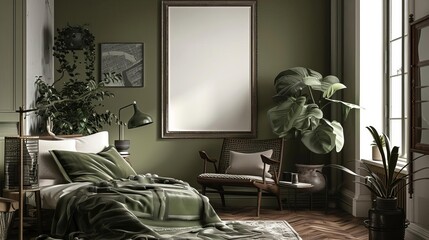 White blank mockup frame, unobstructed, cozy bedroom with vintagestyle furniture, soft colors, natural light, 3D render, serene and nostalgic