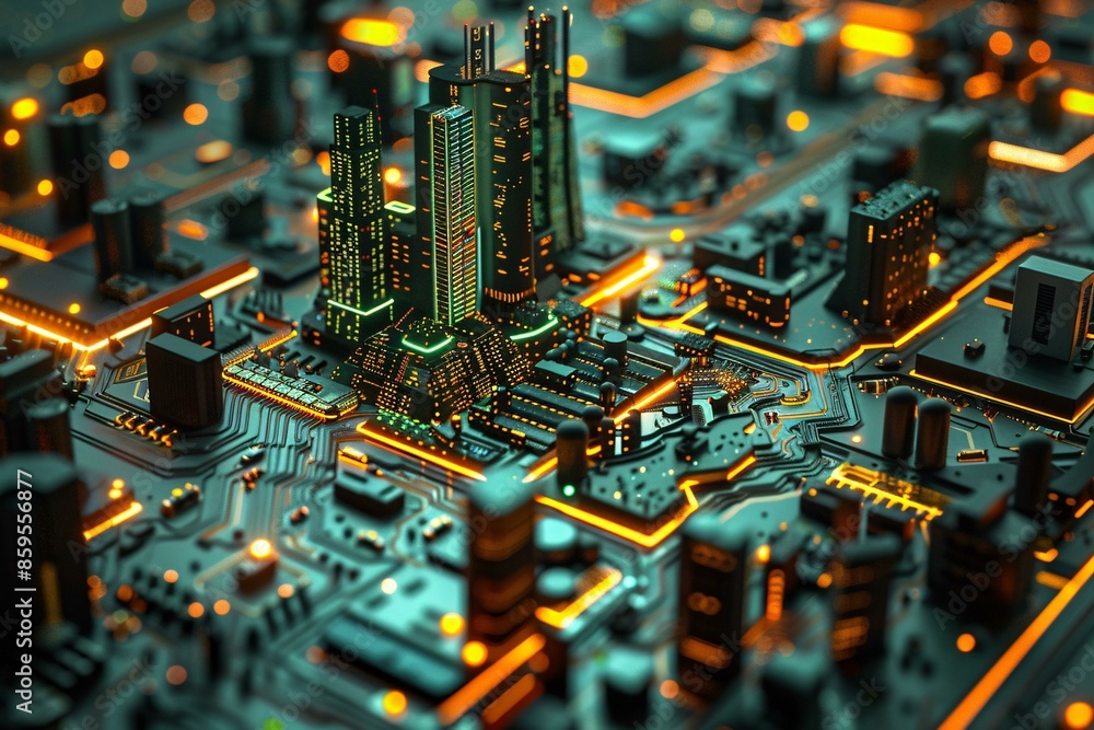 Poster a futuristic cityscape resembling a circuit board with glowing skyscrapers and intricate pathways. t