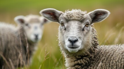 Fototapeta premium Close up of juvenile Dalesbred sheep in spring on lush moorland Nidderdale Yorkshire Horizontal with free space