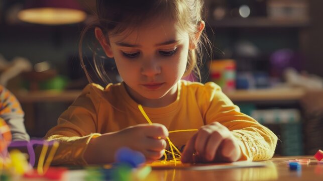 Kids practicing fine motor skills with lacing cards,  threading strings through holes