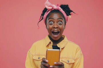 A woman is surprised by something she sees on her cell phone