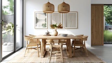 A modern dining room with natural light, wooden furniture, and woven chairs sets a serene and stylish interior atmosphere 