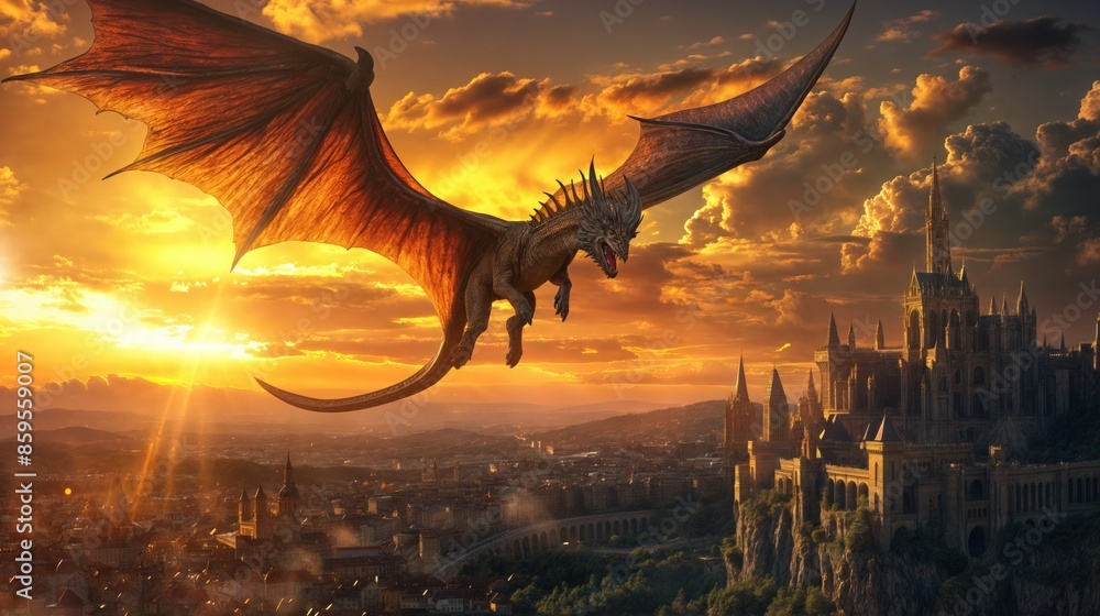 Wall mural A dragon flies over a city at sunset