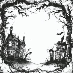 Haunted House Border with Spooky Windows and Haunted Doors