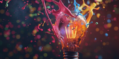 Energetic paint splashes crafting a lightbulb created by ai