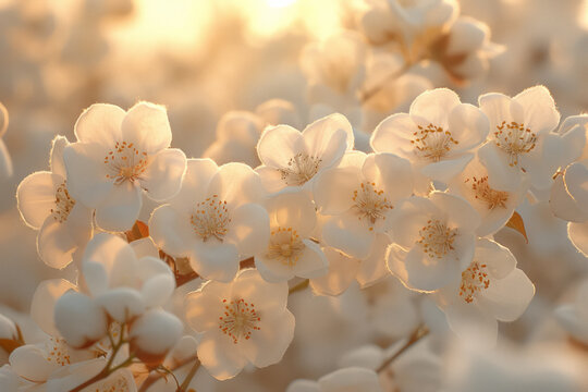 Close-up of soft cotton bolls and jasmine flowers, with a soothing amber light background, creating a sense of cleanliness and tranquility,