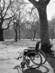 Obraz premium A black and white photo of a wheelchair in a park, suitable for use in stories about accessibility or disability awareness